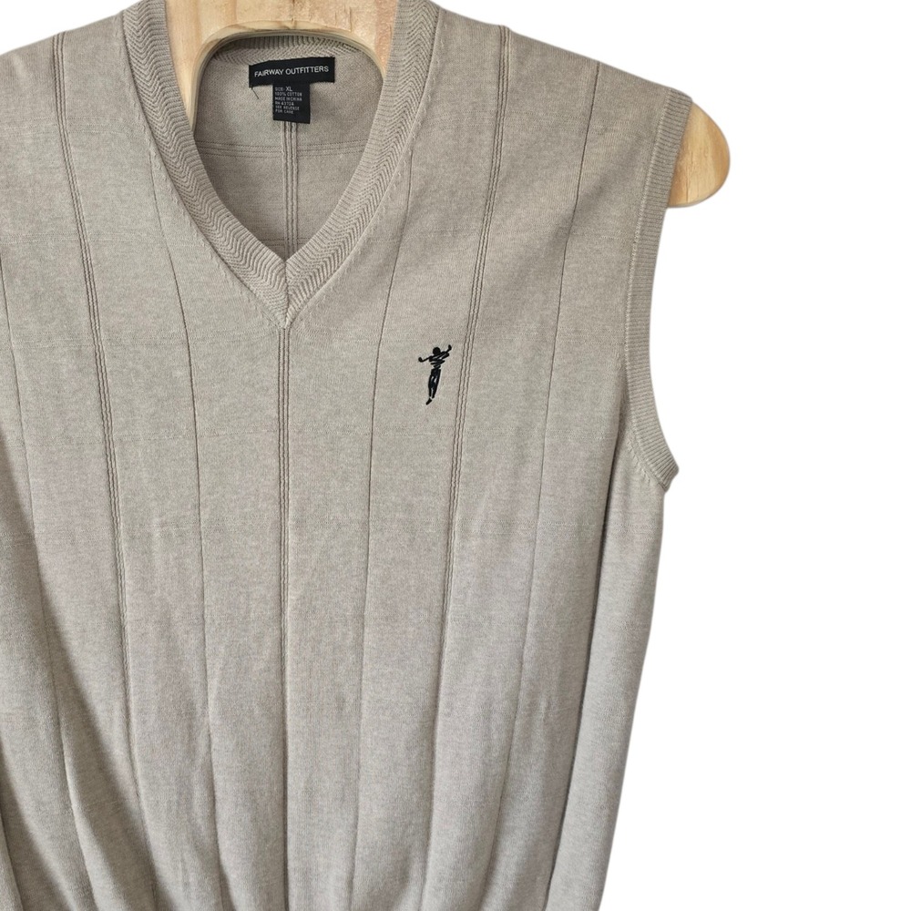 Fairway Outfitters Mens XL Beige Cotton Knit V-Neck Golf Sweater Vest Ribbed